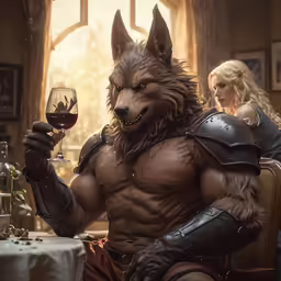 a man dressed as a wolf with wine in his hand