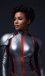 a beautiful woman in a silver and red outfit