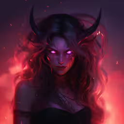 a painting of a woman with red eyes and horns,a woman with a horned head is in red light