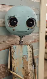 a small blue robot standing up against a wall