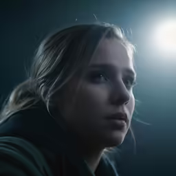 a woman with an intense look looking into the distance