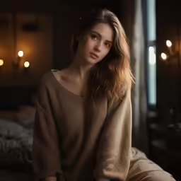 a beautiful young woman sitting on a bed