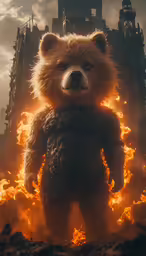 the paddington bear character standing on fire next to an enormous building