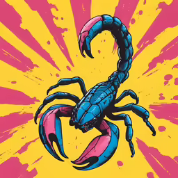 a blue scorpion sitting on top of a yellow and pink background