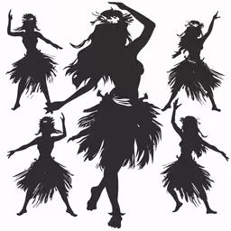 a black and white silhouette of hawaiian dancers,four silhouettes of different hawaiian dancer girl in various poses