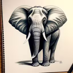 an elephant drawn in graph on white paper,a drawing of an elephant by a pen,a drawing of an elephant with one head out,an elephant is shown on the page in a book,there is a drawing of an elephant on the desk