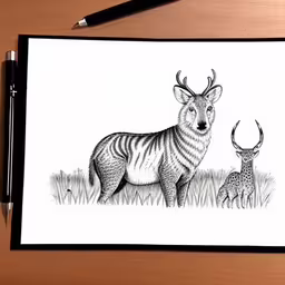 a drawing of a deer and her doe are on display,a sketch of a deer and a fawn standing in the grass
