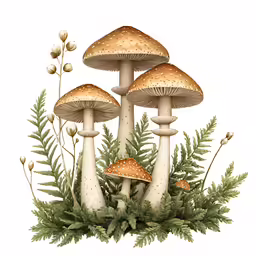 three mushrooms are surrounded by ferns and berries