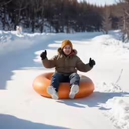 a young girl in warm clothes is sledding down the road