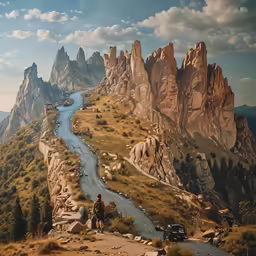 a person on top of a mountain with a backpack and a truck