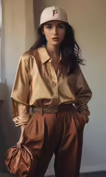 woman in light brown shirt with matching bag and pants
