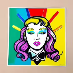 a painting with a woman in an outfit with purple hair,a picture of a woman with bright makeup, purple hair and bright blue eyes,a painting with purple hair and colorful makeup on top of it,a drawing in a frame has a woman