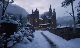 a large building with steeple tops is surrounded by trees and snow