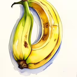 watercolor painting of a bunch of banana on paper,a drawing of a banana with an orange slice