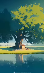 a painting of a large tree next to water