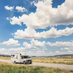 a truck and a rv traveling down a rural road