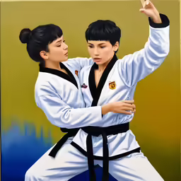 two people practicing karate in an oil painting