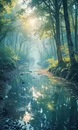 trees and grass near water with sun rays