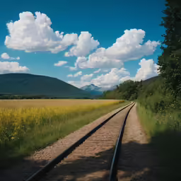 a view looking down one of the tracks, in front of a mountain range