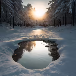 a snow covered park path next to trees