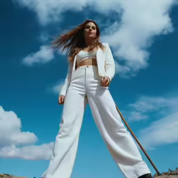 a woman poses for a photo while wearing white pants