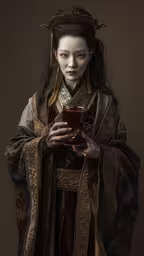 a girl with a coffee mug in her hands,a geisha woman dressed in traditional japanese clothes with a cup