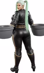 a statue of a woman in black leather clothing with a bowl