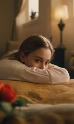 a woman lays her head on a pillow