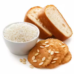 two rolls and several crackers are shown in this image