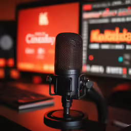 an electronic microphone sits in front of a computer monitor
