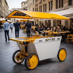 a white and yellow cart parked on the street