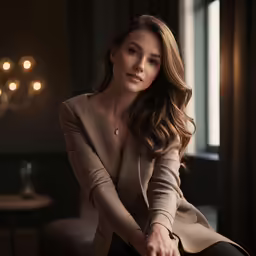 a woman wearing a tan coat, sitting in a chair with her hands crossed