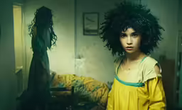 the young girl is in the room with her hair flowing