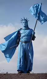 a statue of liberty holding two flags and holding a pole