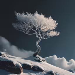 a lone tree is standing on the top of a snowy hill