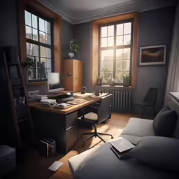 the desk in the room is empty, and there is an empty chair