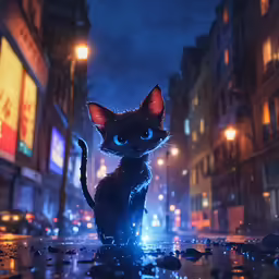 a cat standing on the ground in front of an intersection