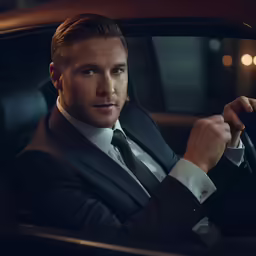 a man in a suit sitting inside a car