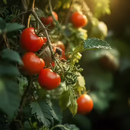 some very small ripe tomatoes growing on a tree
