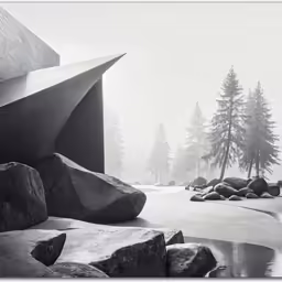 a black and white photo of rocks in front of a building