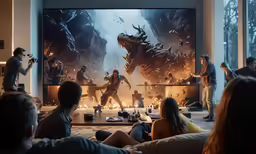 group of people gathered around the television playing a game of thrones