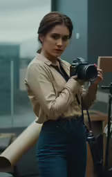 a woman is posing for a photo with her camera