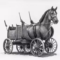 a horse drawn carriage in black and white