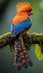 the colorful bird with an orange head is perched on the tree branch