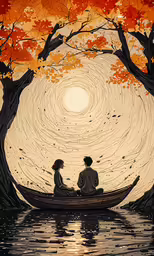 painting of a couple in a boat on a river during a beautiful day