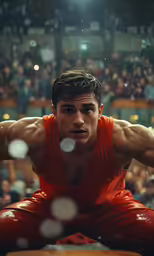 a man in a red shirt and his arms are stretched out on his knees as he squats