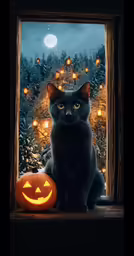 a black cat is sitting near the window decorated for halloween