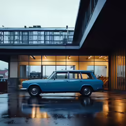 an old blue station wagon parked in front of a garage