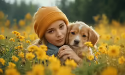the woman is cuddling with the puppy on the field