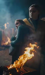 a couple standing in front of a fire in a black background
